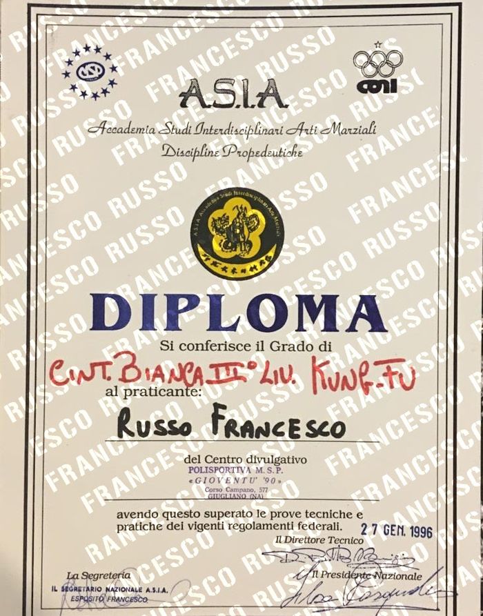 Diploma Cintura Bianca III Livello Kung Fu, A.S.I.A. 1996