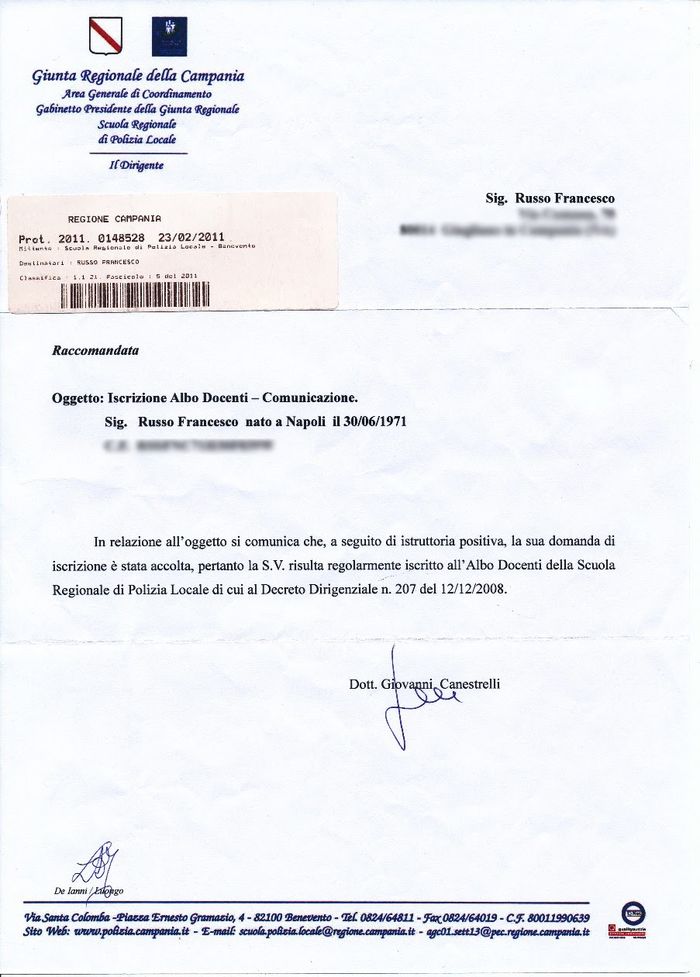 Comunicazione ufficiale iscrizione Albo Docenti Scuola di Polizia della Campania