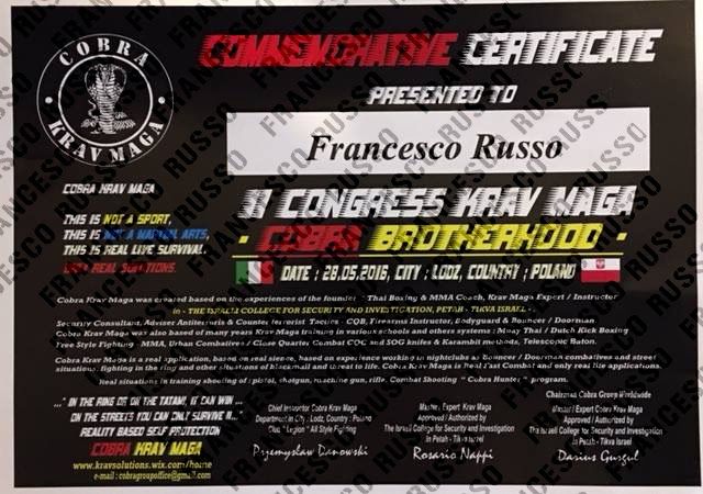 Commemorative Certificate, III Congress Krav Maga Cobra Brotherhood, Lodz 2016