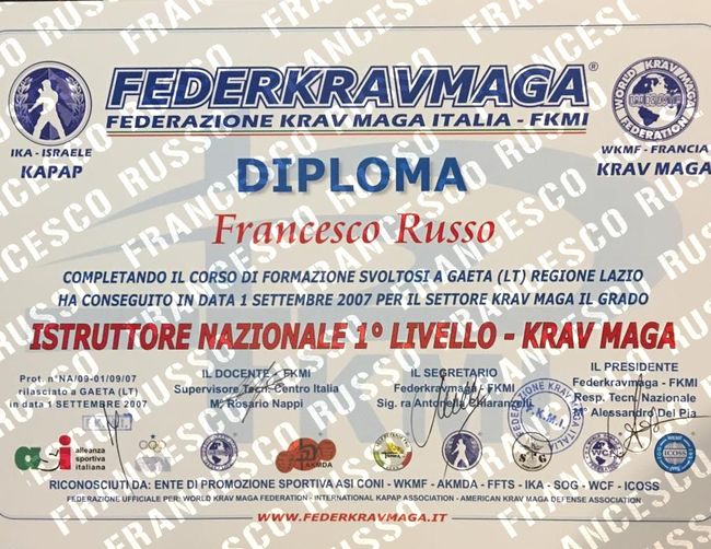 Diploma Istruttore Nazionale 1° livello Krav Maga, FederKravMaga 2007