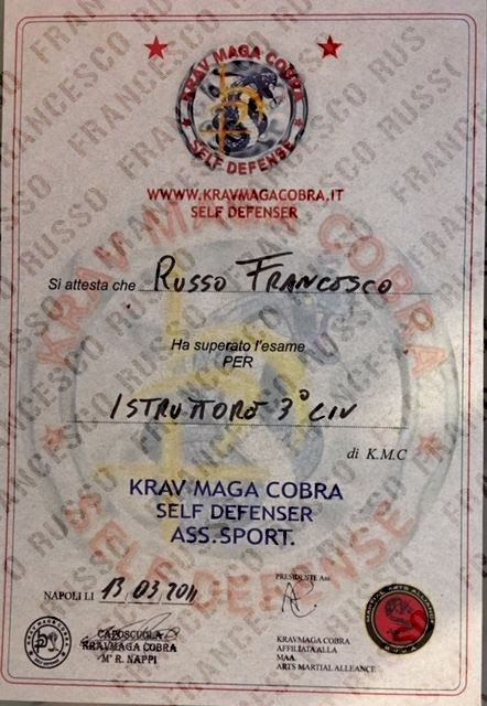 Attestato Istruttore 3° Civile, Krav Maga Cobra Self Defenser
