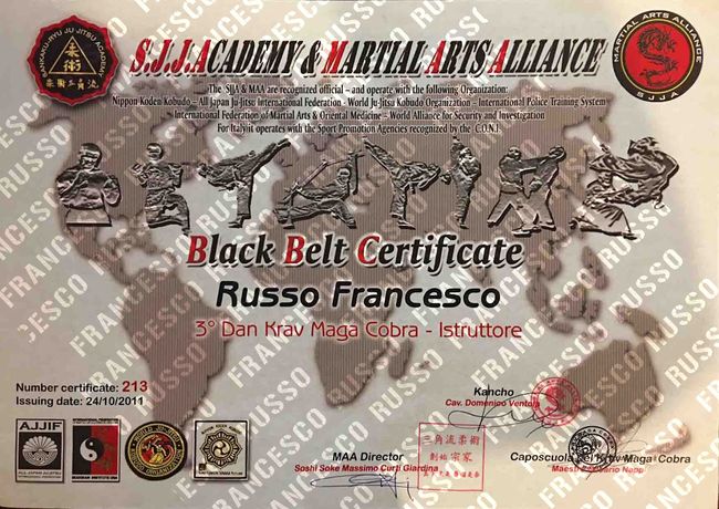 S.J.J. Academy Black Belt Certificate, 3° Dan Krav Maga Cobra, 2011